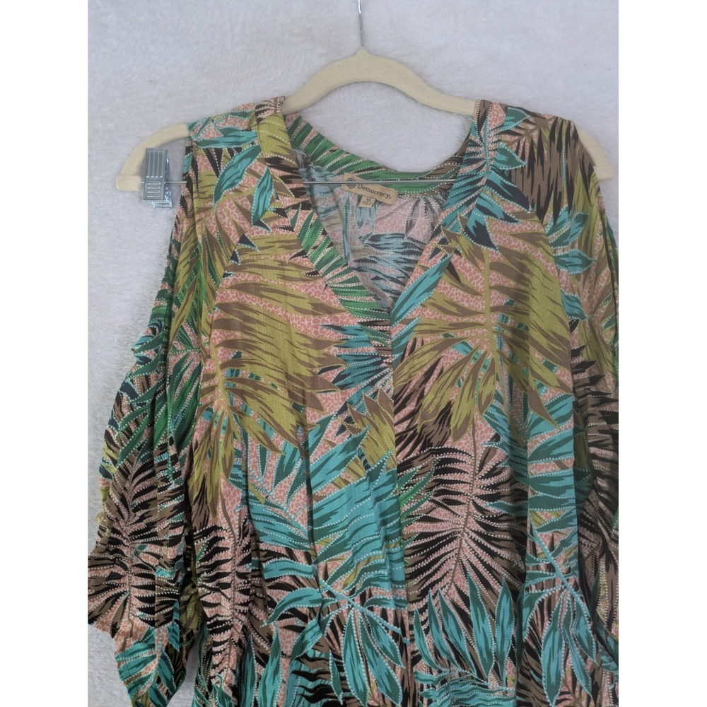 Democracy Top Women's Medium Green Tropical Palm Cold Shoulder Tie Front - Picture 4 of 10